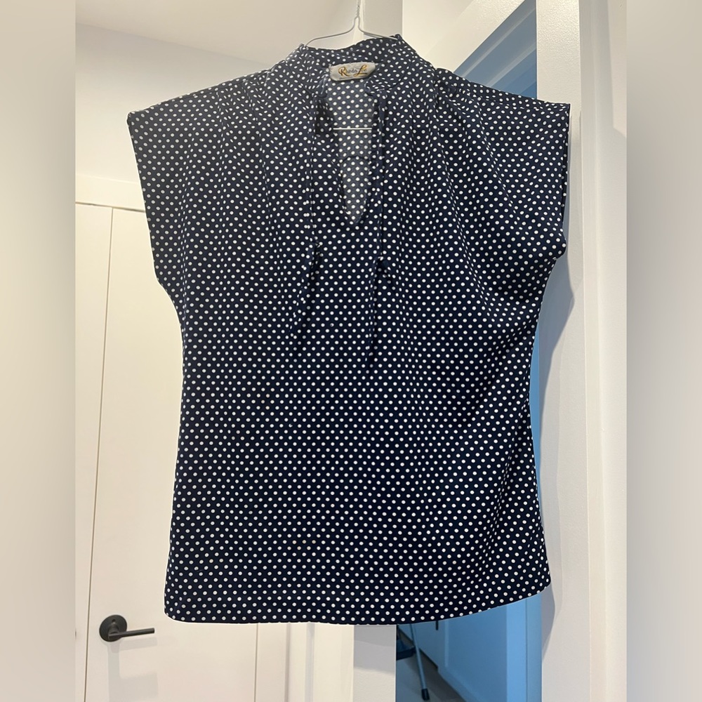 Navy blue Vintage Rhoda Lee polka dot shirt - high neck short sleeves